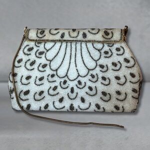 Vintage French Micro Beaded Evening Clutch Art Deco Fan Pattern Cocktail Purse